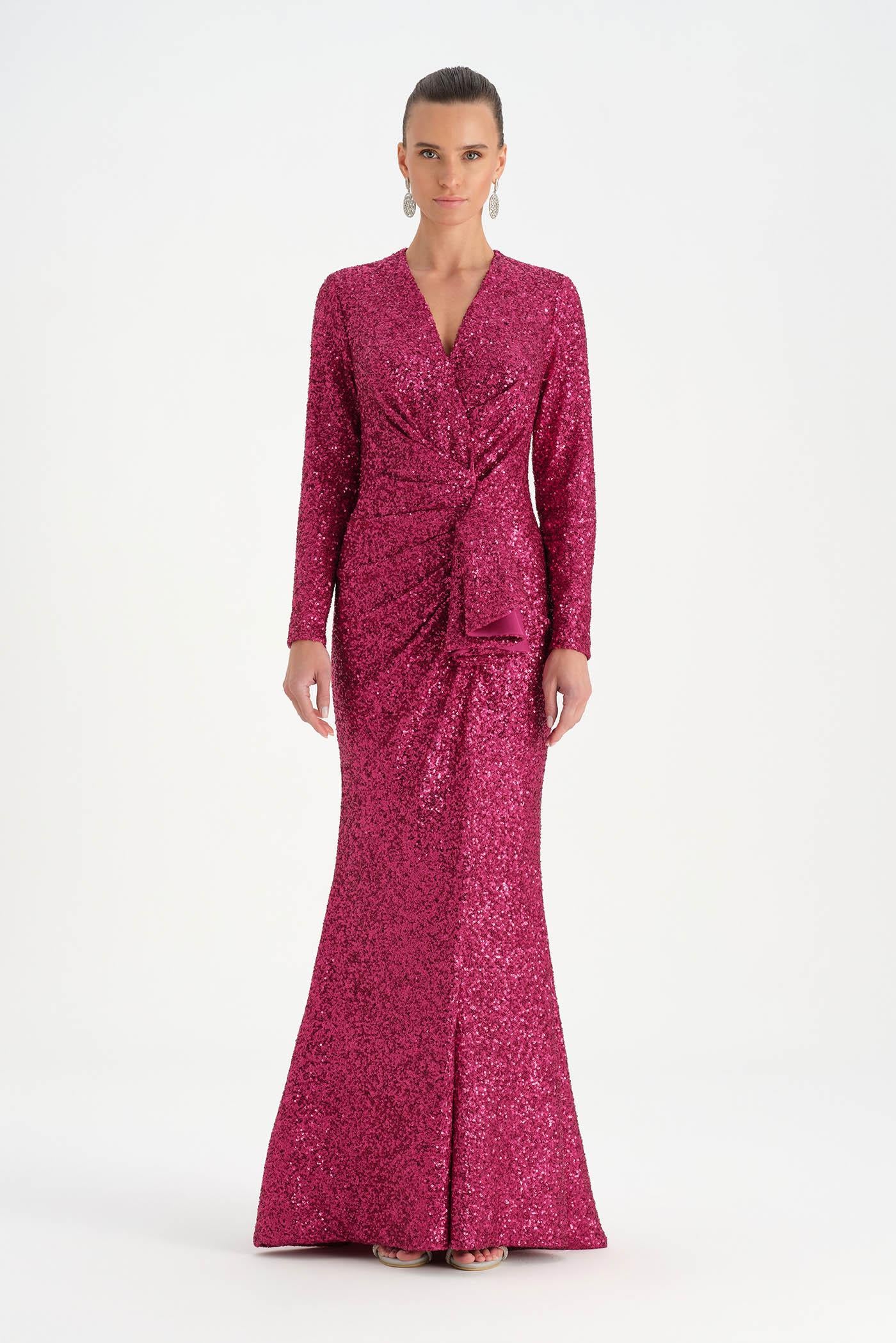 Payetli V Yaka Yırtmaçlı Drapeli Abiye Elbise - 26065C