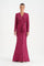 V Yaka Bel Detaylı Drapeli Uzun Payet Abiye Elbise - 26065C - FUŞYA