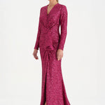 Payetli V Yaka Yırtmaçlı Drapeli Abiye Elbise - 26065C