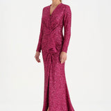 Payetli V Yaka Yırtmaçlı Drapeli Abiye Elbise - 26065C