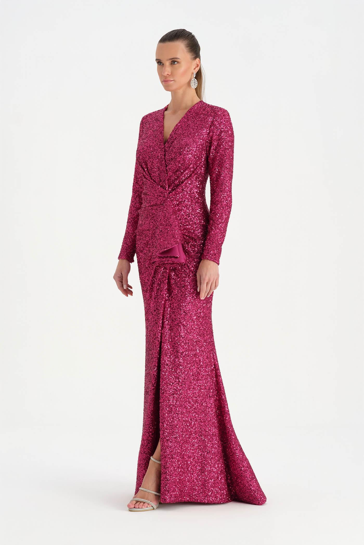 Payetli V Yaka Yırtmaçlı Drapeli Abiye Elbise - 26065C