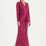 Payetli V Yaka Yırtmaçlı Drapeli Abiye Elbise - 26065C