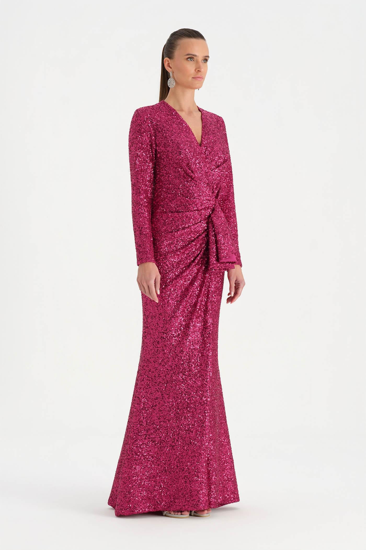 Payetli V Yaka Yırtmaçlı Drapeli Abiye Elbise - 26065C