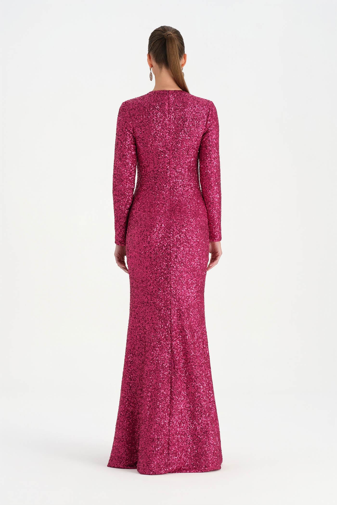 Payetli V Yaka Yırtmaçlı Drapeli Abiye Elbise - 26065C