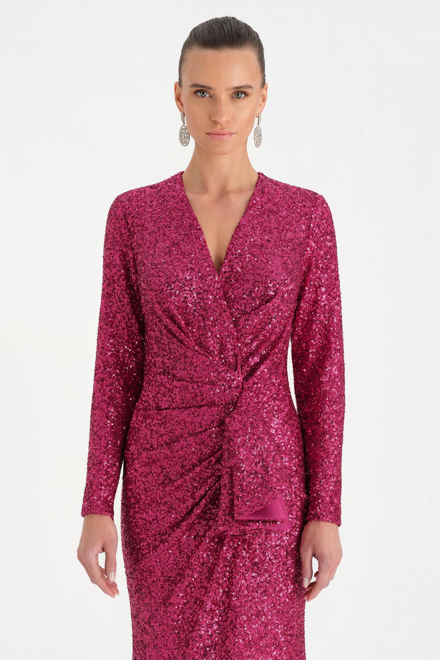 Payetli V Yaka Yırtmaçlı Drapeli Abiye Elbise - 26065C