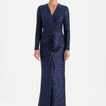 Payetli V Yaka Yırtmaçlı Drapeli Abiye Elbise - 26065C