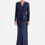 Payetli V Yaka Yırtmaçlı Drapeli Abiye Elbise - 26065C