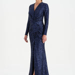 Payetli V Yaka Yırtmaçlı Drapeli Abiye Elbise - 26065C