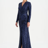 Payetli V Yaka Yırtmaçlı Drapeli Abiye Elbise - 26065C