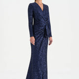 Payetli V Yaka Yırtmaçlı Drapeli Abiye Elbise - 26065C