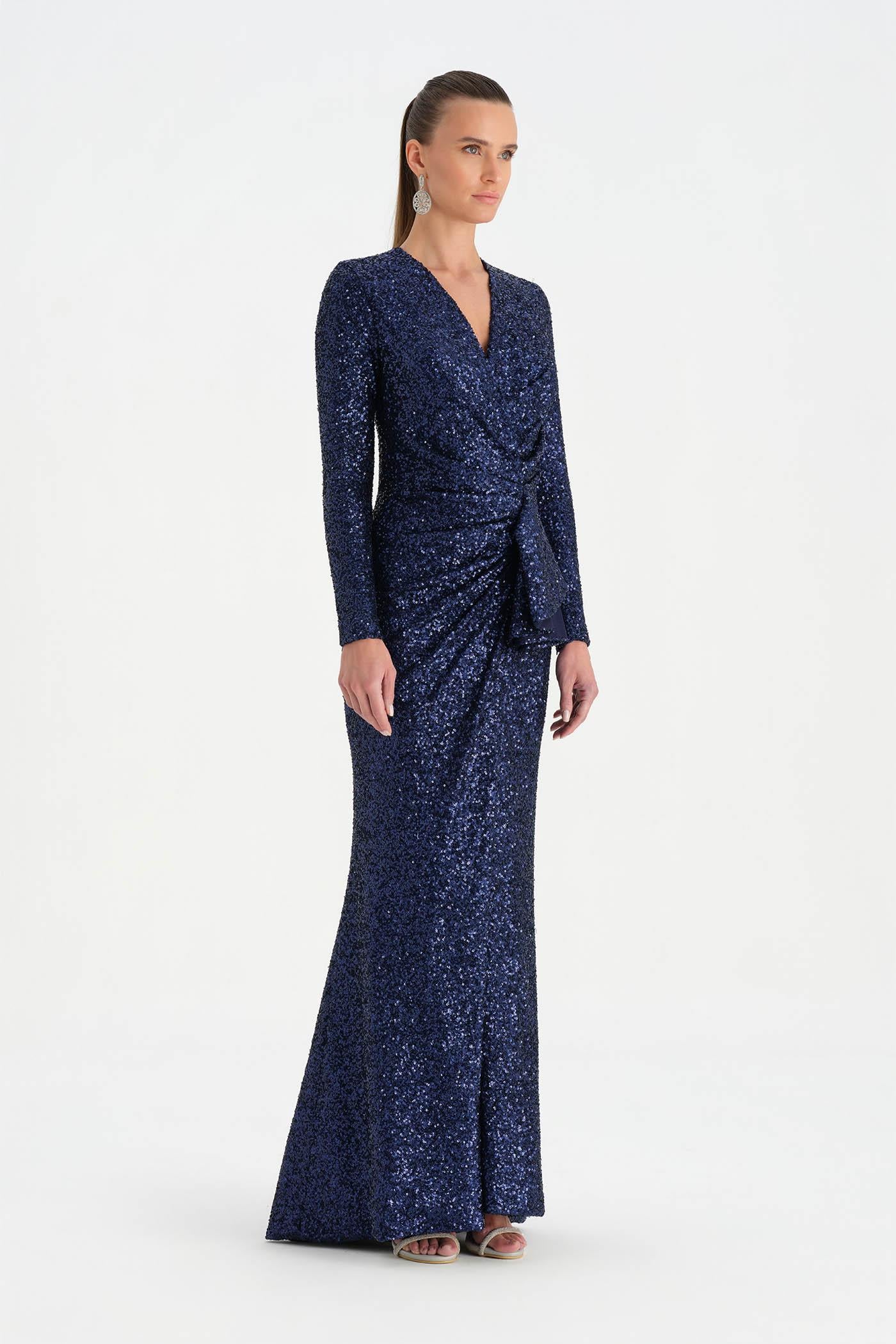 Payetli V Yaka Yırtmaçlı Drapeli Abiye Elbise - 26065C