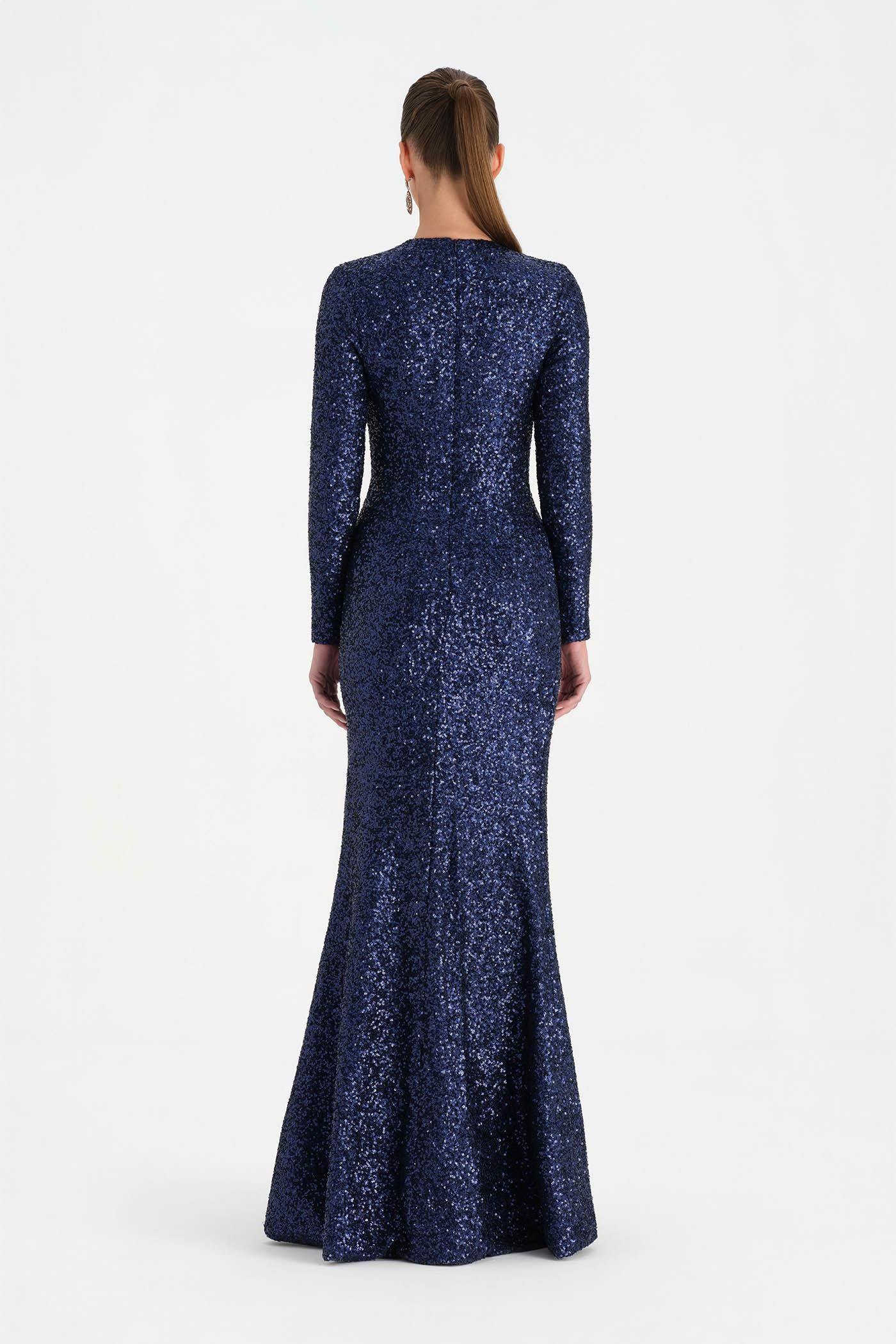 Payetli V Yaka Yırtmaçlı Drapeli Abiye Elbise - 26065C