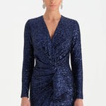 Payetli V Yaka Yırtmaçlı Drapeli Abiye Elbise - 26065C