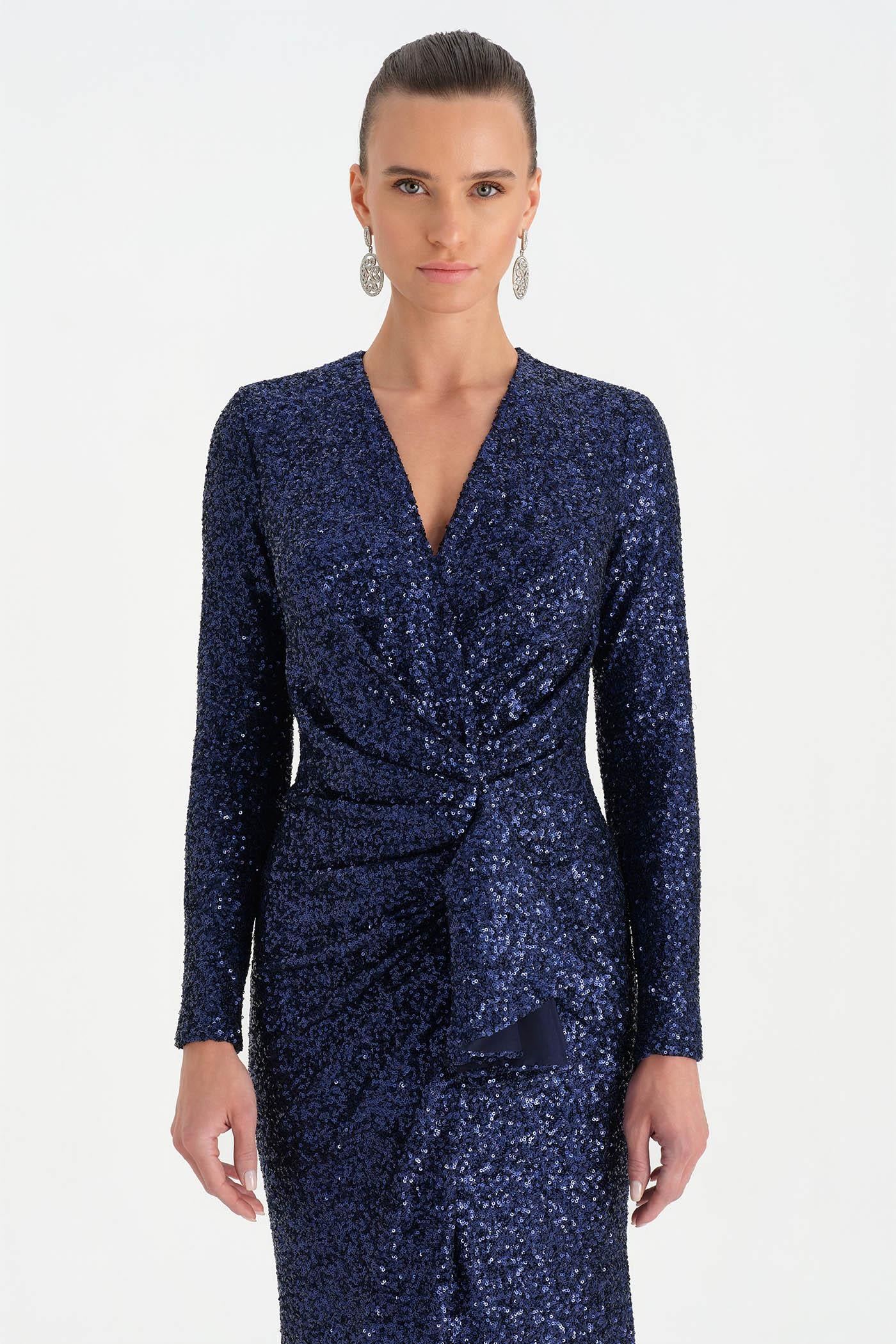 Payetli V Yaka Yırtmaçlı Drapeli Abiye Elbise - 26065C