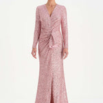 Payetli V Yaka Yırtmaçlı Drapeli Abiye Elbise - 26065C