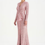 Payetli V Yaka Yırtmaçlı Drapeli Abiye Elbise - 26065C