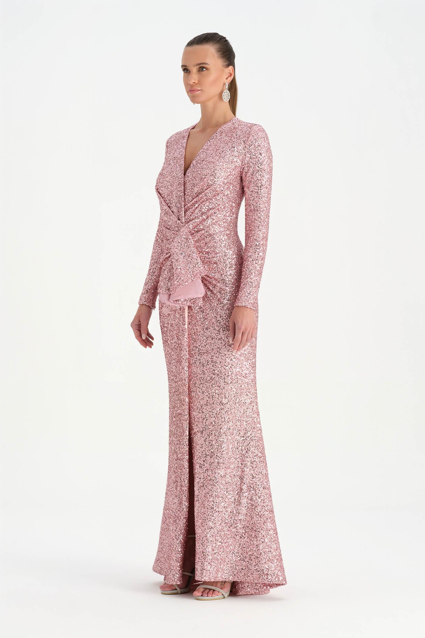 Payetli V Yaka Yırtmaçlı Drapeli Abiye Elbise - 26065C