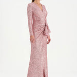 Payetli V Yaka Yırtmaçlı Drapeli Abiye Elbise - 26065C