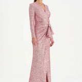 Payetli V Yaka Yırtmaçlı Drapeli Abiye Elbise - 26065C