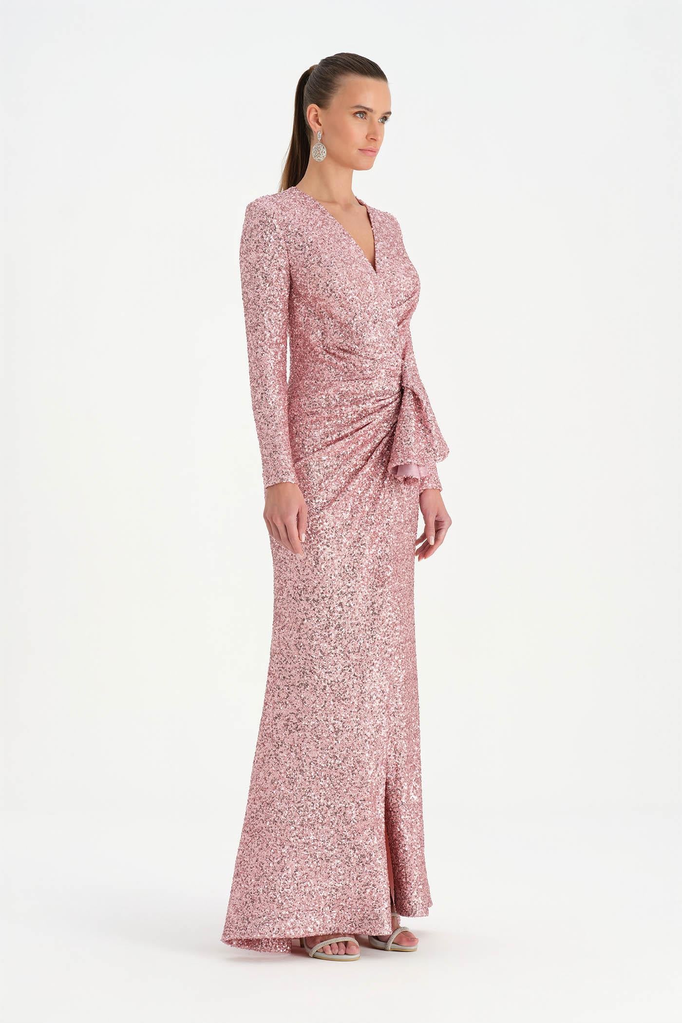 Payetli V Yaka Yırtmaçlı Drapeli Abiye Elbise - 26065C