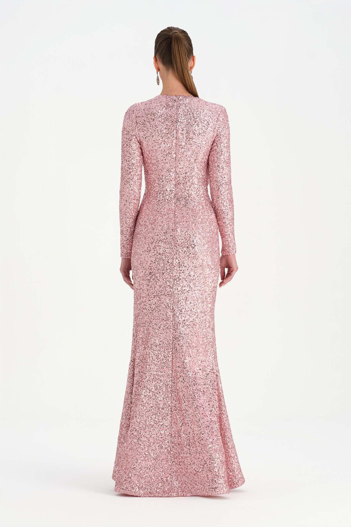 Payetli V Yaka Yırtmaçlı Drapeli Abiye Elbise - 26065C