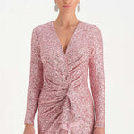 Payetli V Yaka Yırtmaçlı Drapeli Abiye Elbise - 26065C