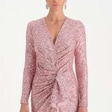 Payetli V Yaka Yırtmaçlı Drapeli Abiye Elbise - 26065C