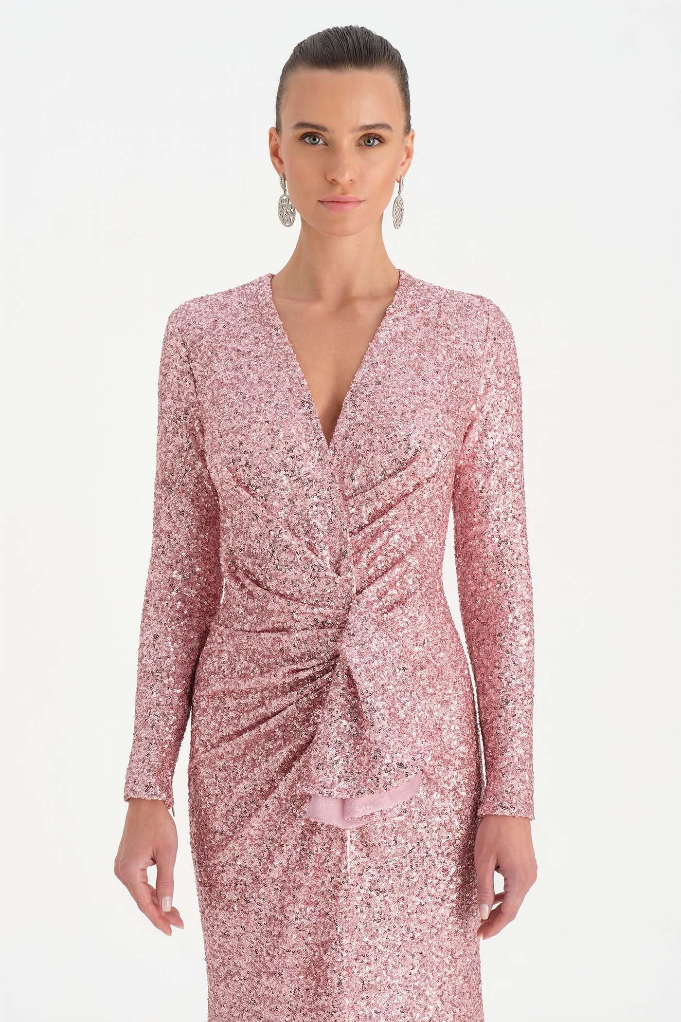 Payetli V Yaka Yırtmaçlı Drapeli Abiye Elbise - 26065C