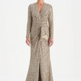 Payetli V Yaka Yırtmaçlı Drapeli Abiye Elbise - 26065C