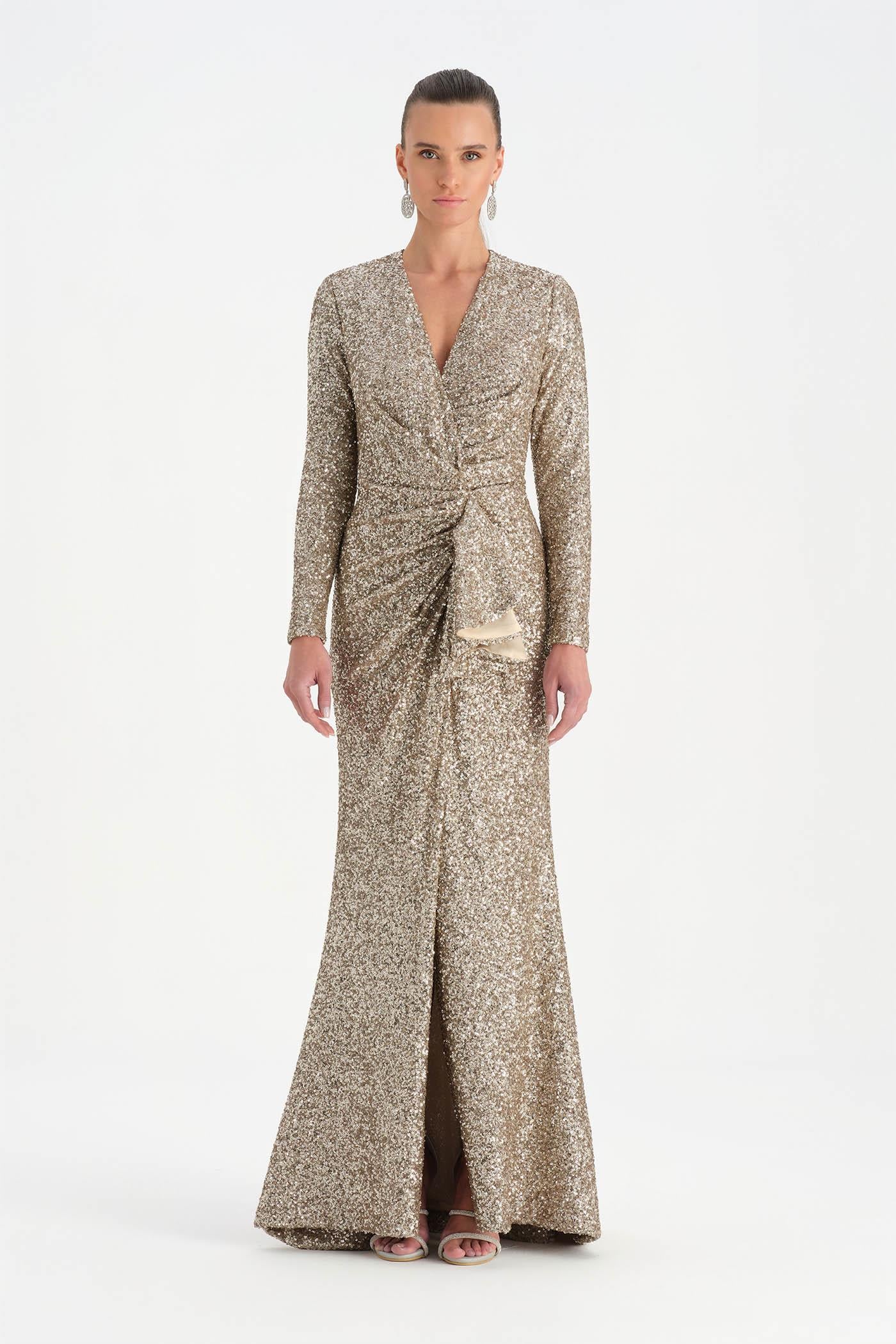 Payetli V Yaka Yırtmaçlı Drapeli Abiye Elbise - 26065C