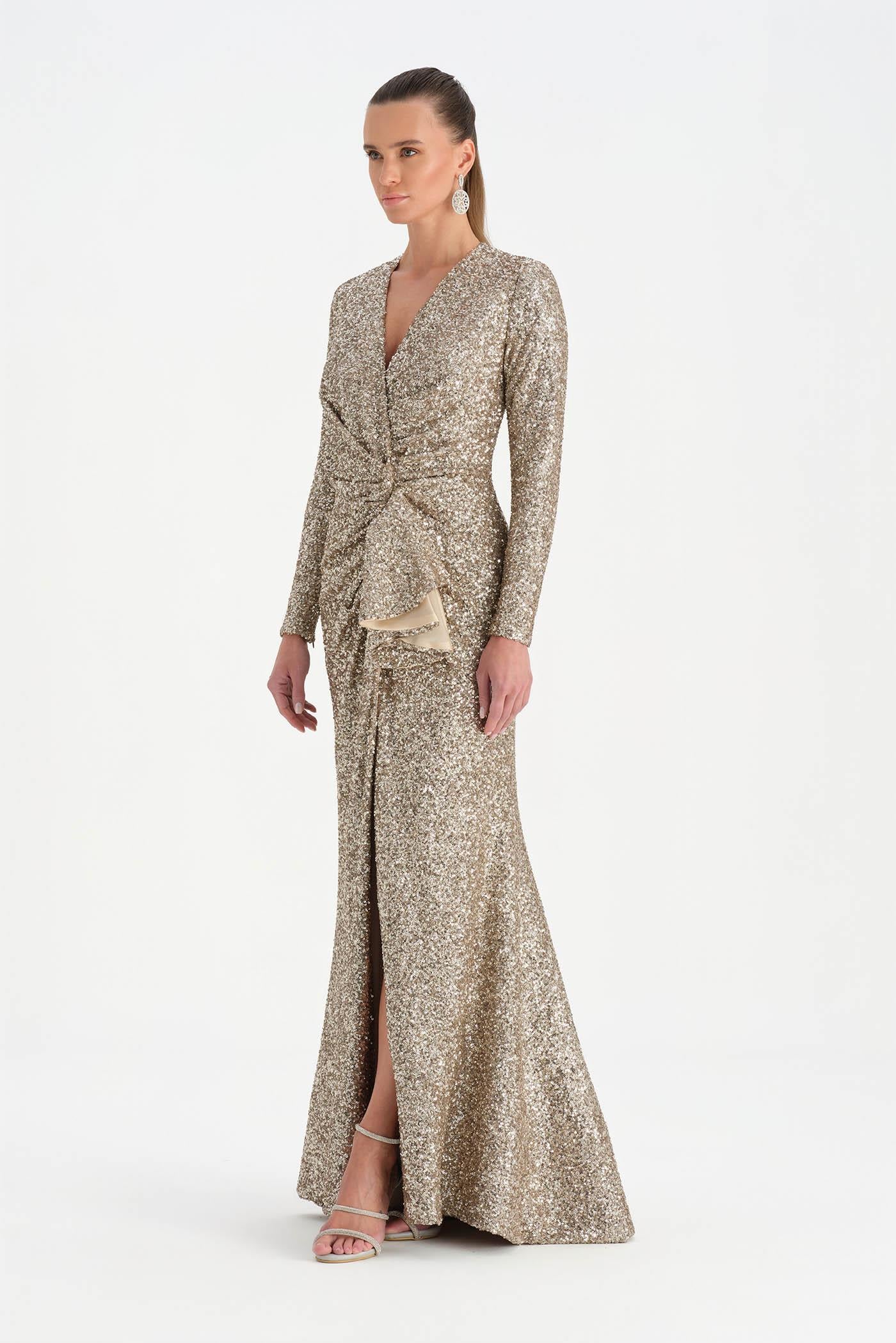 Payetli V Yaka Yırtmaçlı Drapeli Abiye Elbise - 26065C