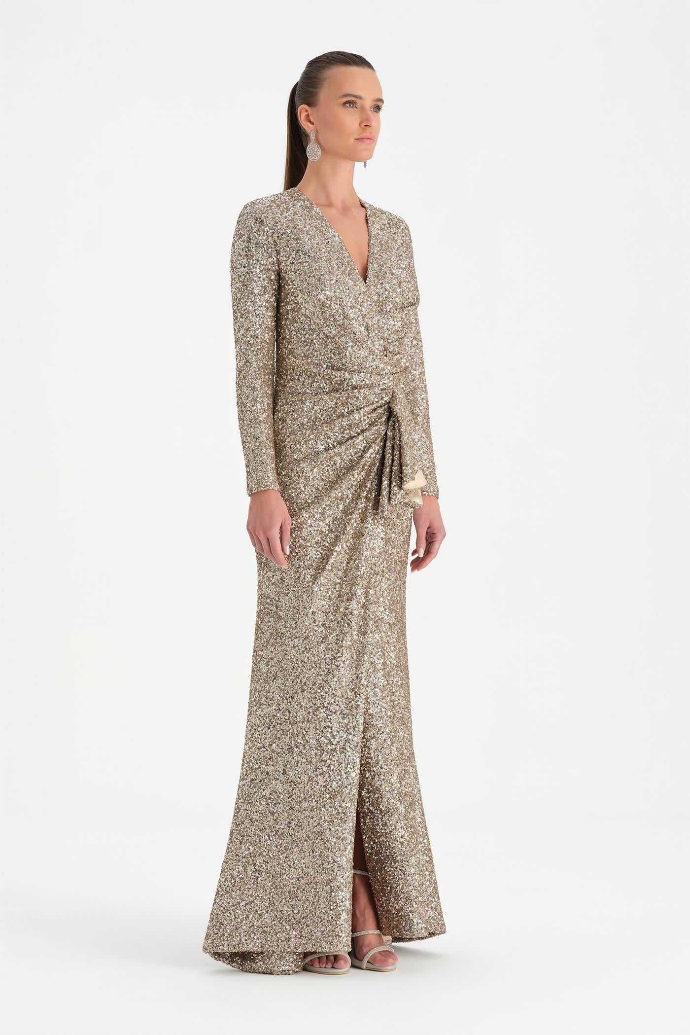 Payetli V Yaka Yırtmaçlı Drapeli Abiye Elbise - 26065C