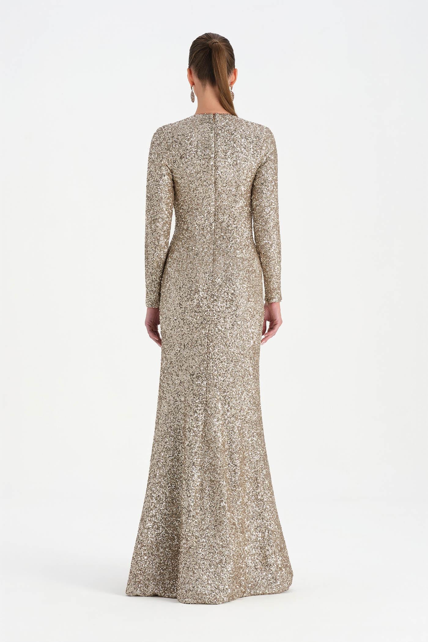 Payetli V Yaka Yırtmaçlı Drapeli Abiye Elbise - 26065C