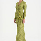 Payetli V Yaka Yırtmaçlı Drapeli Abiye Elbise - 26065C