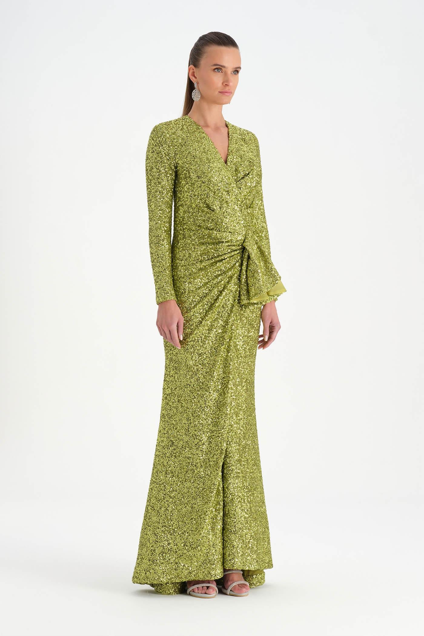 Payetli V Yaka Yırtmaçlı Drapeli Abiye Elbise - 26065C