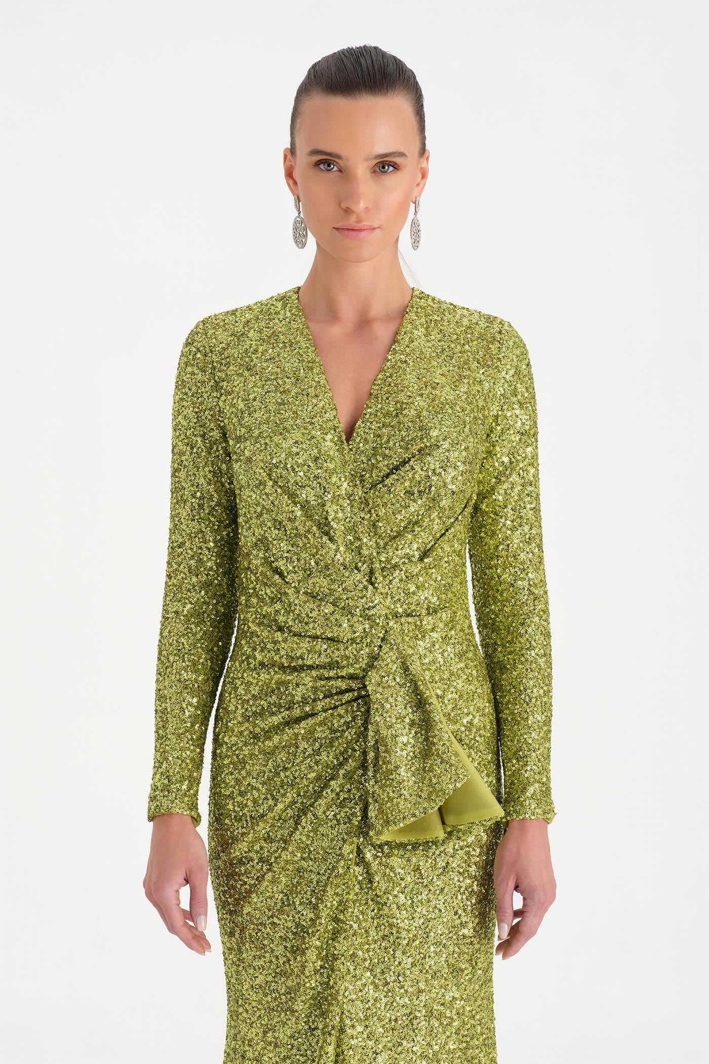 Payetli V Yaka Yırtmaçlı Drapeli Abiye Elbise - 26065C