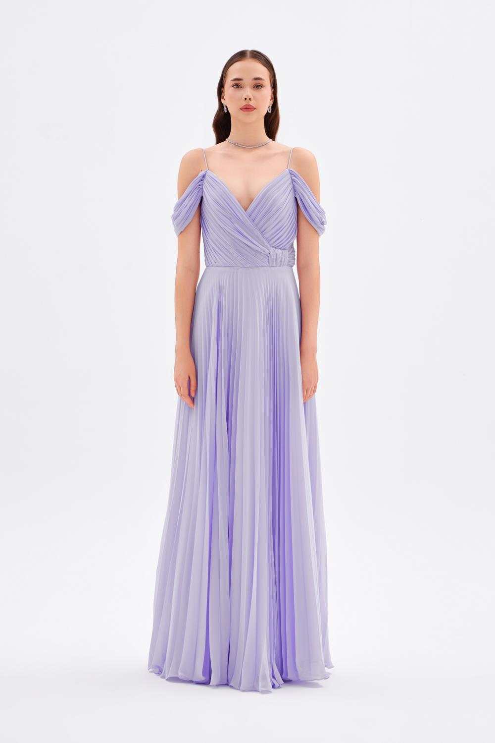 V Yaka Piliseli Şifon Uzun Abiye Elbise - 9080C