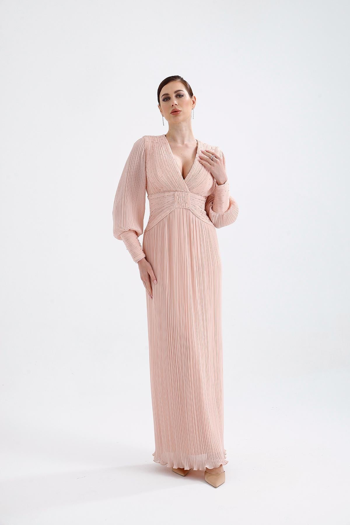 V-Neck Pleated Long Sleeve Chiffon Long Evening Dress - AP005 - BLACK