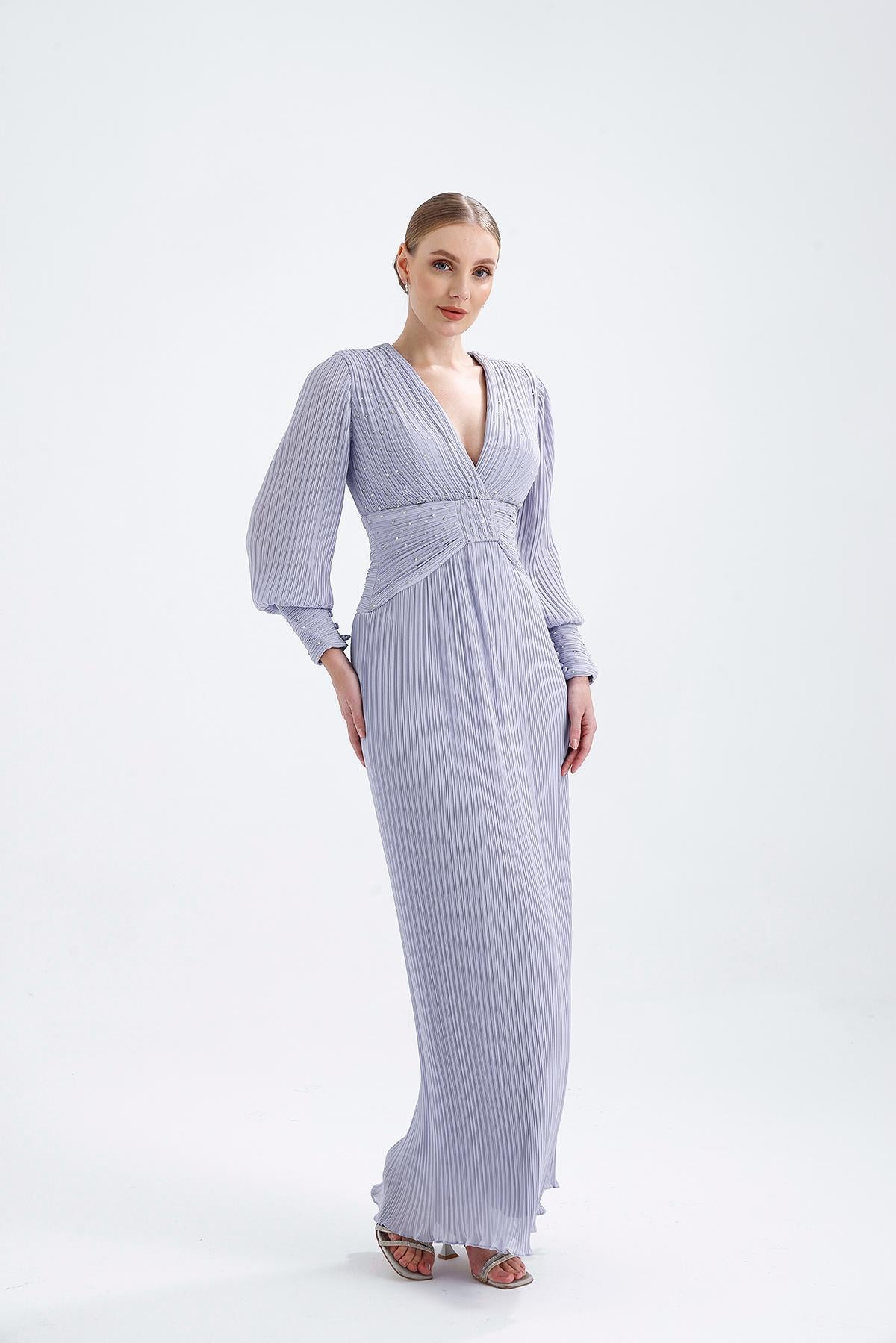V-Neck Pleated Long Sleeve Chiffon Long Evening Dress - AP005 - BLACK