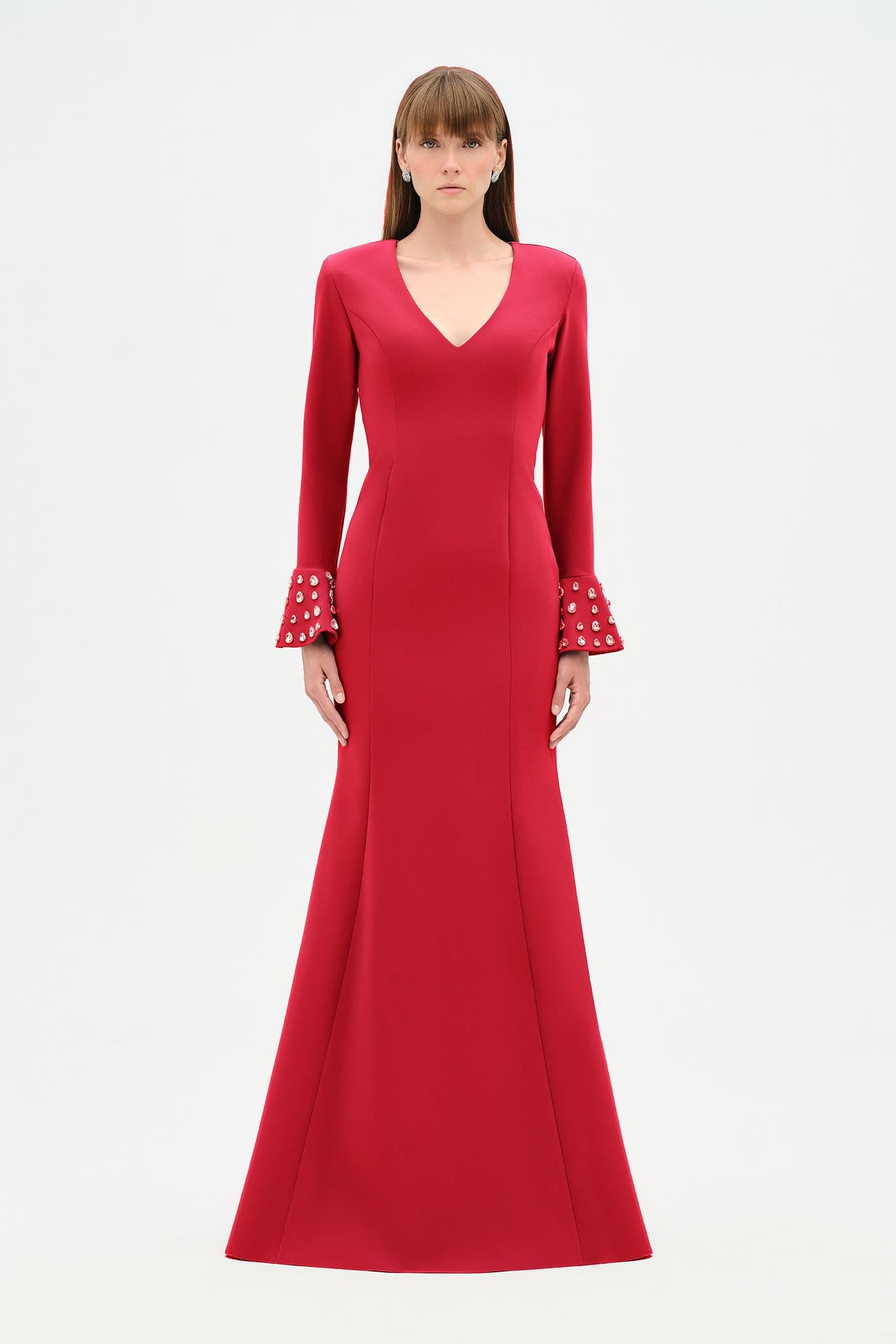 V-Neck Long Sleeve Embellished Evening Dress - 26174C