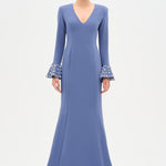 V-Neck Long Sleeve Embellished Evening Dress - 26174C