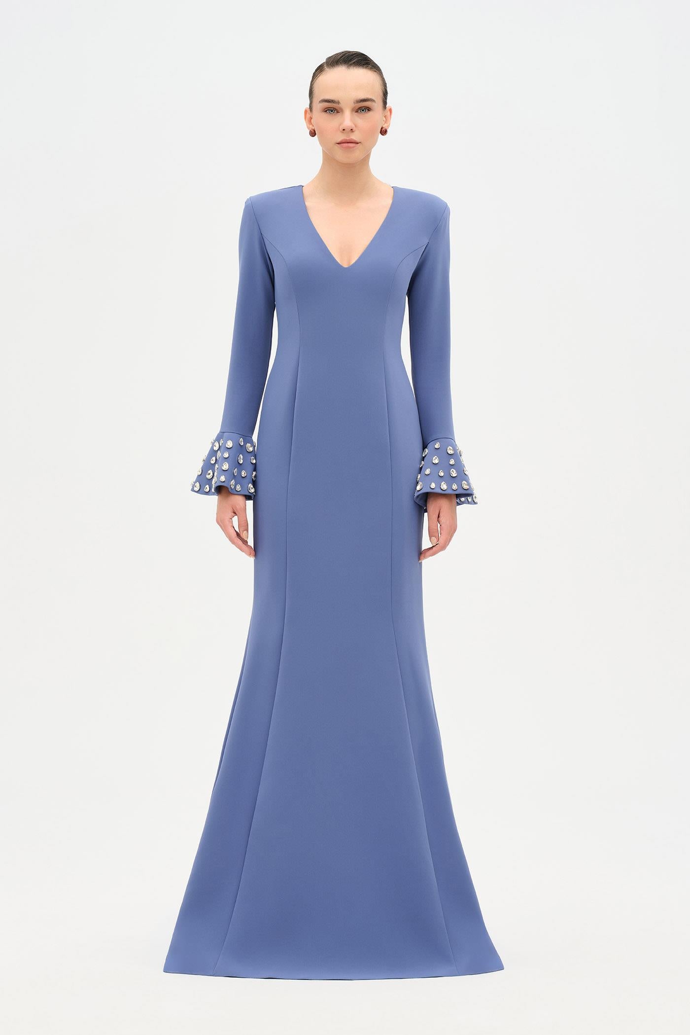 V-Neck Long Sleeve Embellished Evening Dress - 26174C