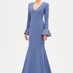 V-Neck Long Sleeve Embellished Evening Dress - 26174C