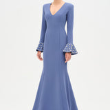 V-Neck Long Sleeve Embellished Evening Dress - 26174C