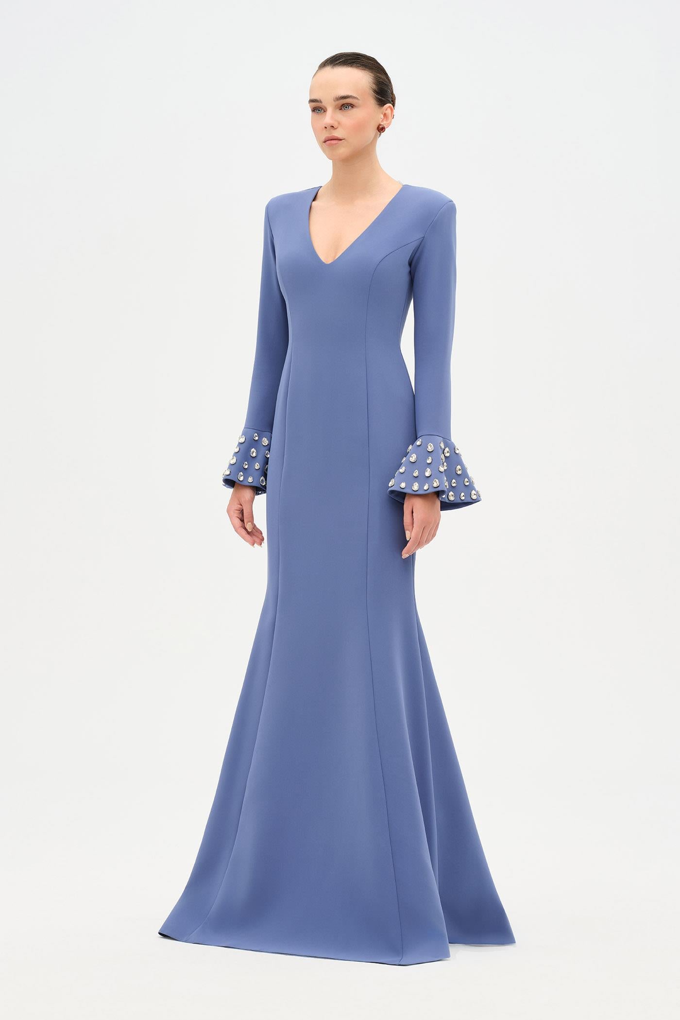 V-Neck Long Sleeve Embellished Evening Dress - 26174C