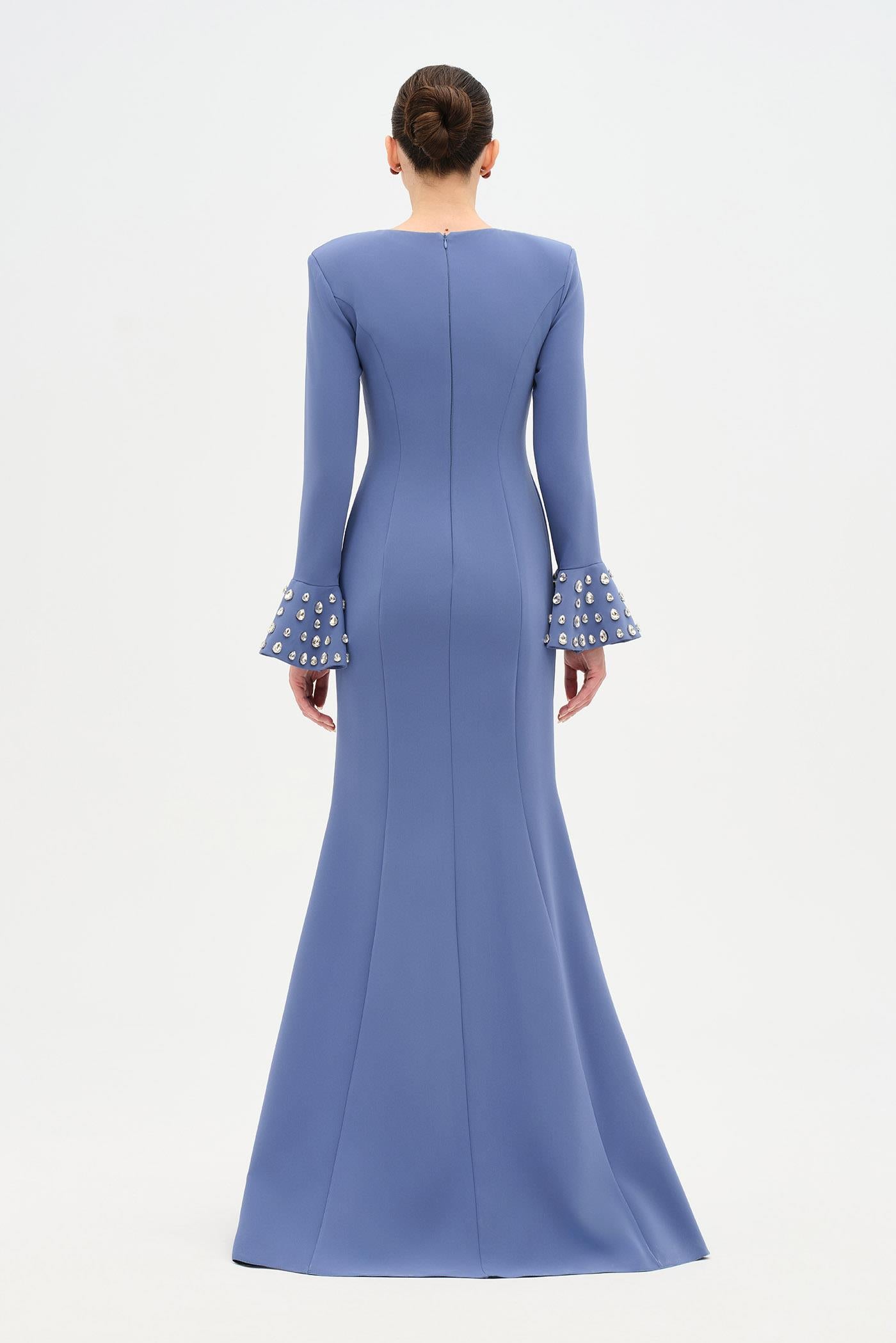 V-Neck Long Sleeve Embellished Evening Dress - 26174C