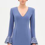 V-Neck Long Sleeve Embellished Evening Dress - 26174C