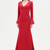 V-Neck Long Sleeve Embellished Evening Dress - 26174C