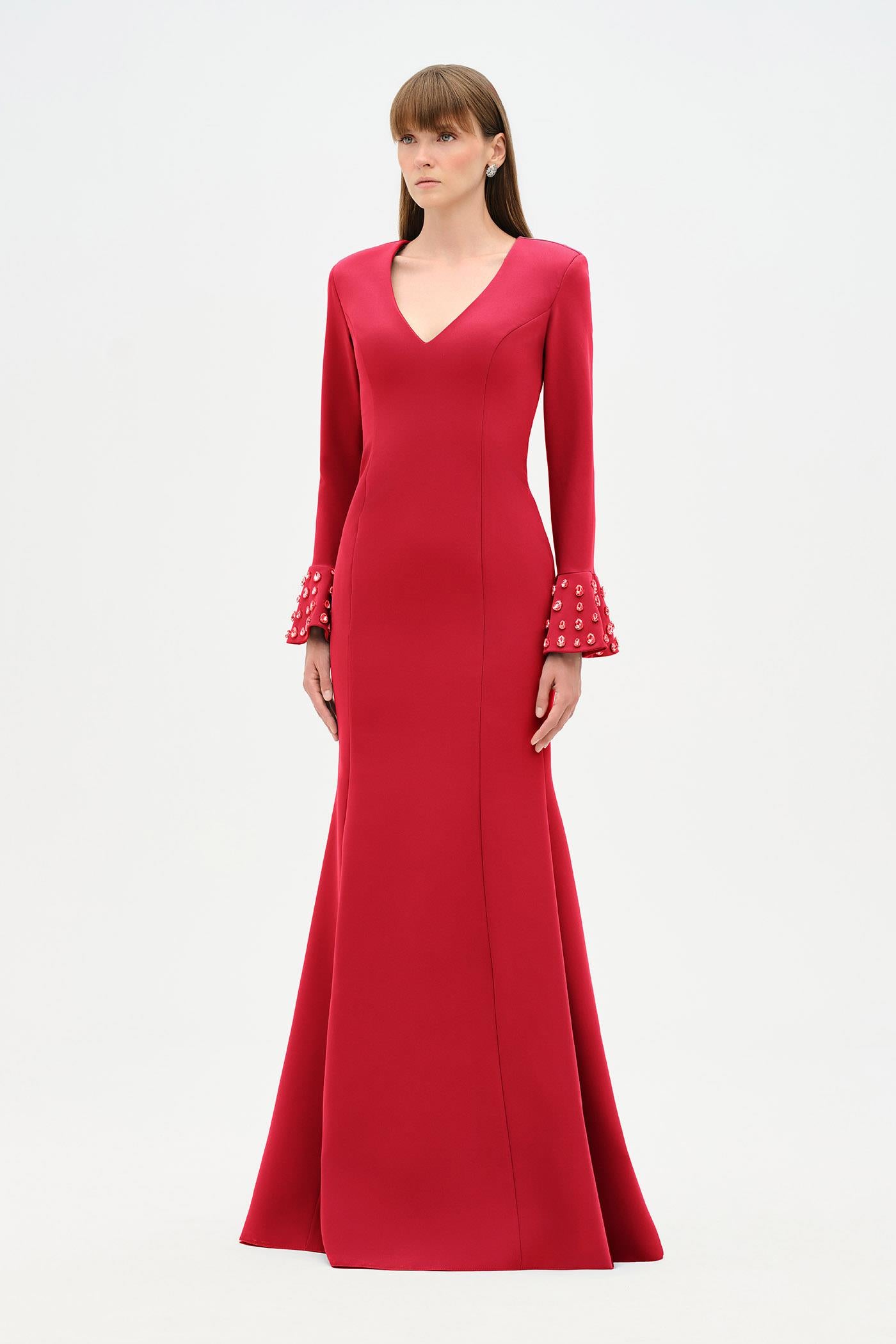 V-Neck Long Sleeve Embellished Evening Dress - 26174C
