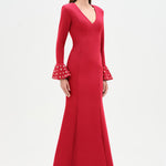 V-Neck Long Sleeve Embellished Evening Dress - 26174C
